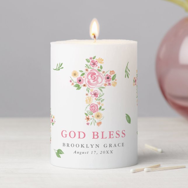 Pink Floral Green Leaves Cross Baptism  Pillar Candle (In Situ)