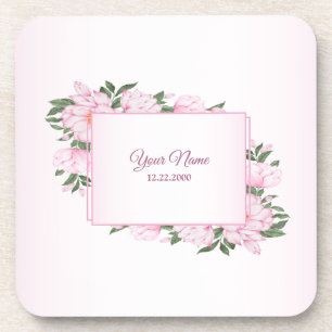 Pink Floral Green Leaves Elegant Wedding Party Beverage Coaster