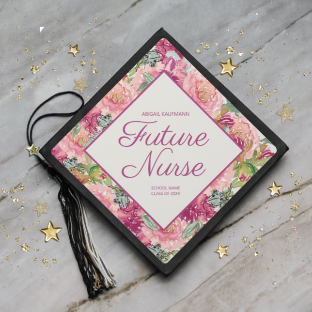 Pink Floral Green Leaves Future Nurse Graduation Graduation Cap Topper (Creator Uploaded)