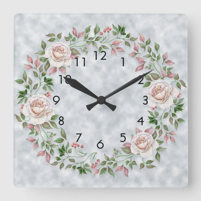 Pink Floral Green Leaves on Light Blue Wall Clock (Front)