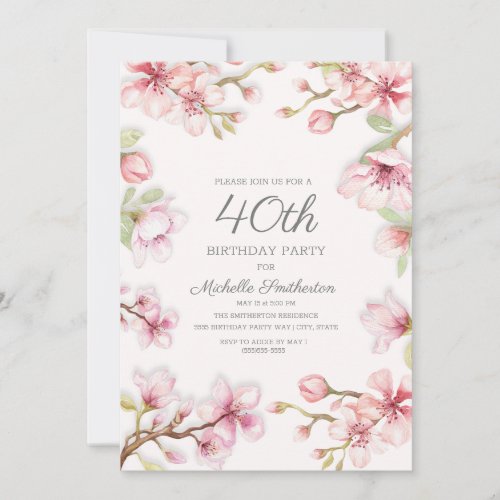 Pink Floral Green Leaves Womens 40th Birthday Invitation