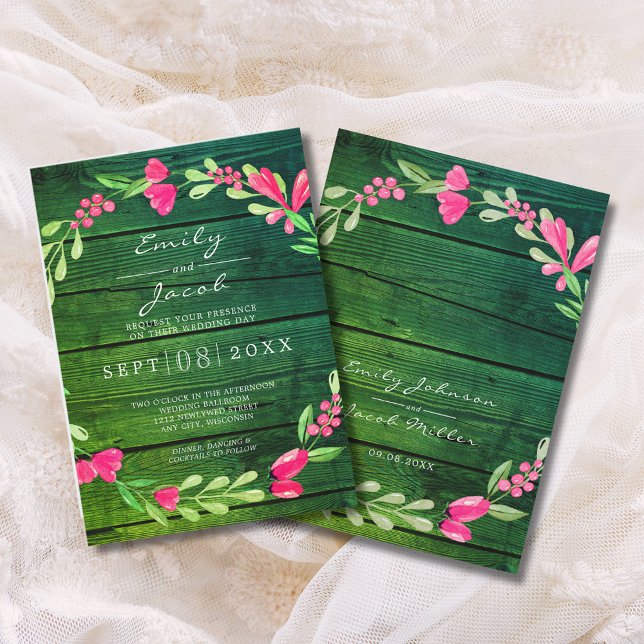 Pink Floral Green Rustic Wood Country Wedding Announcement (Pink Floral Green Rustic Wood Country Wedding Announcement)