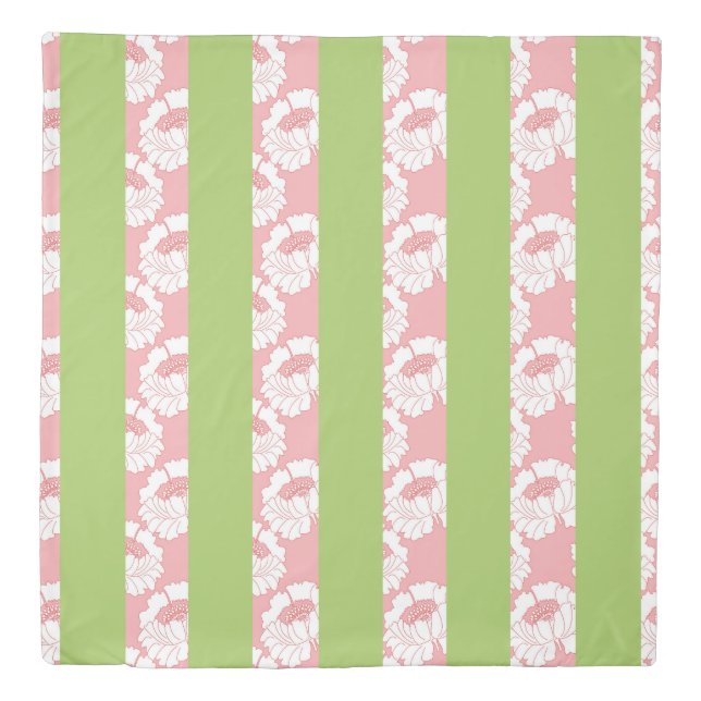 Pink Floral, Green Stripes Duvet Cover (Front)