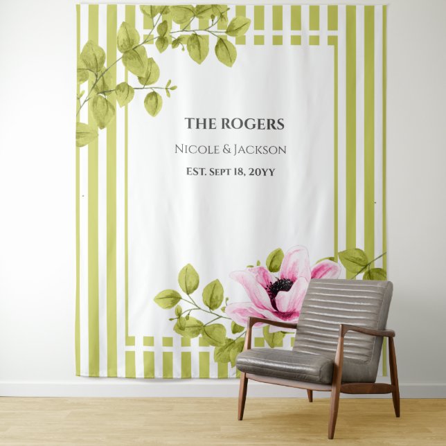 Pink Floral Green Stripes Photo Backdrop Wedding (In Situ)