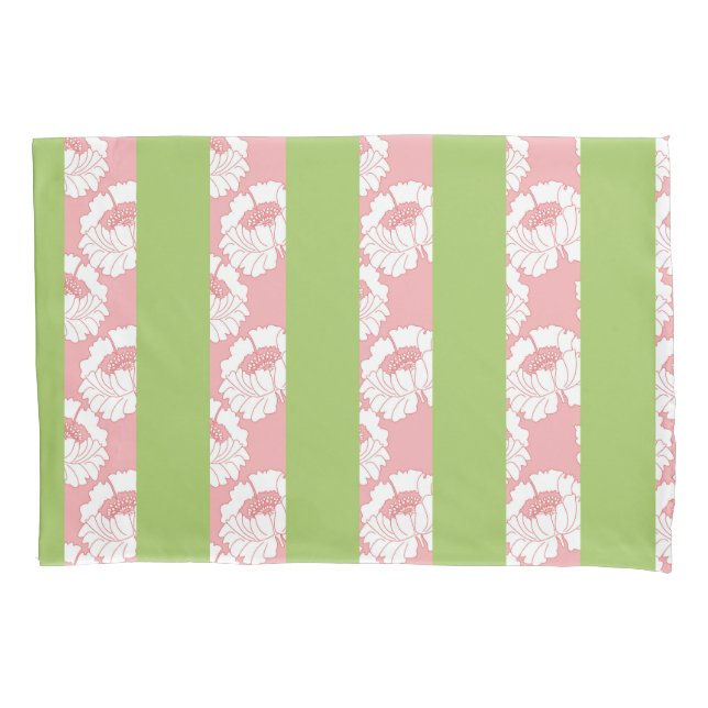 Pink Floral, Green Stripes Pillowcase (Front)