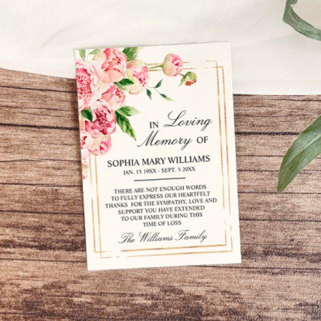 Pink Floral & Green Sympathy Memory Thank You Card (Creator Uploaded)