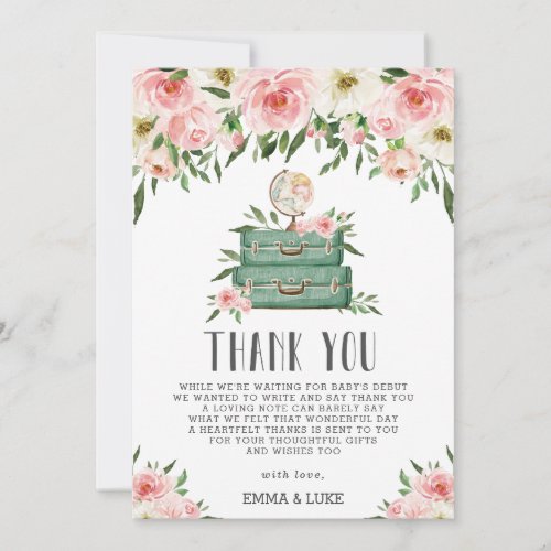 Pink Floral Greenery Adventure Baby Shower Travel Thank You Card
