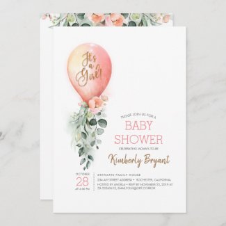Pink and Gold Baby Shower Invitation with floral greenery and balloon