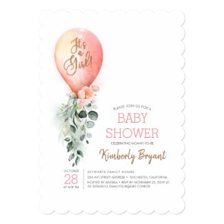 Pink Floral Greenery Balloon Baby Shower Invitation