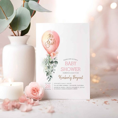 Pink Floral Greenery Balloon Baby Shower Invitation