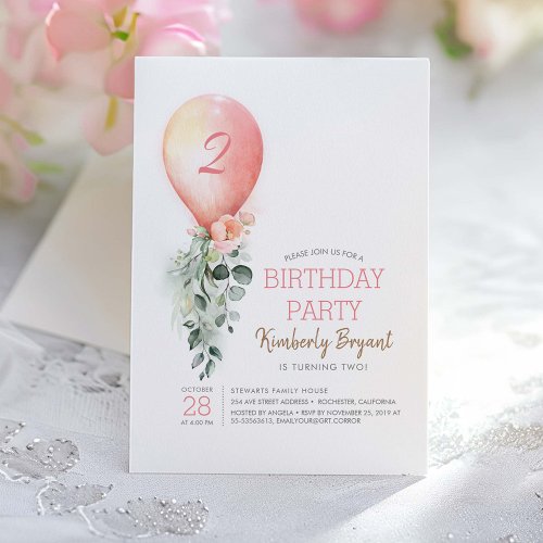 Pink Floral Greenery Balloon Girls Birthday Invitation