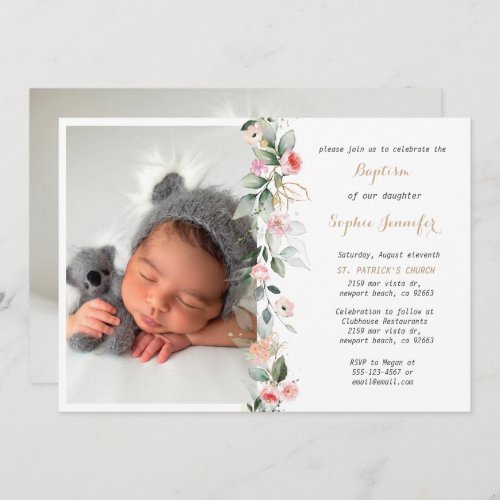 Pink Floral Greenery Baptism Girl Invitation