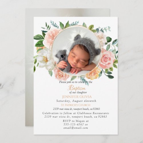 Pink Floral Greenery Baptism Girl Invitation