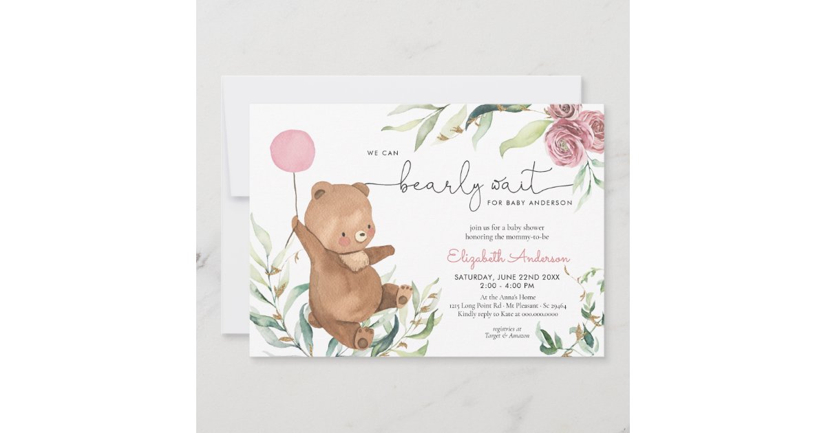 Pink Floral Greenery Bear Balloon Girl Baby Shower Invitation | Zazzle