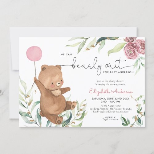Pink Floral Greenery Bear Balloon Girl Baby Shower Invitation