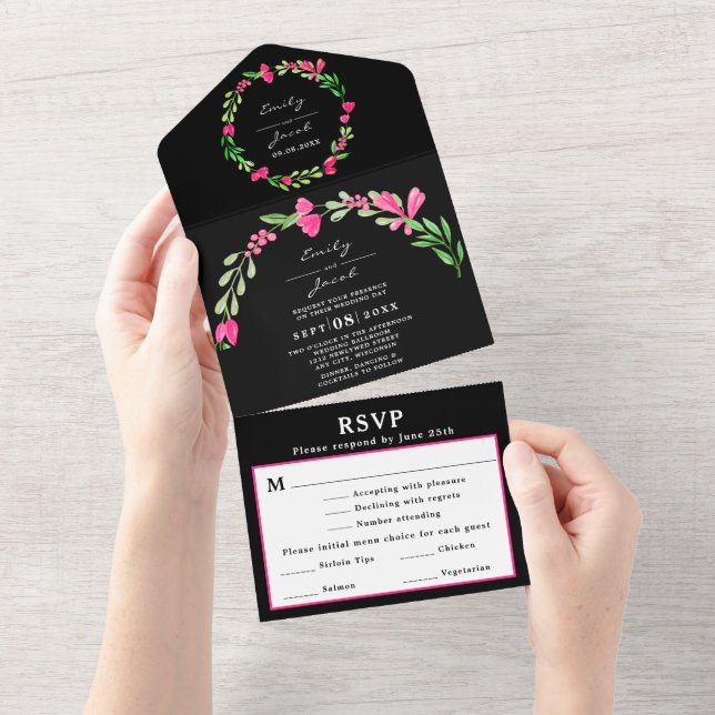 Pink Floral Greenery Black Elegant Wedding RSVP All In One Invitation (Tearaway)
