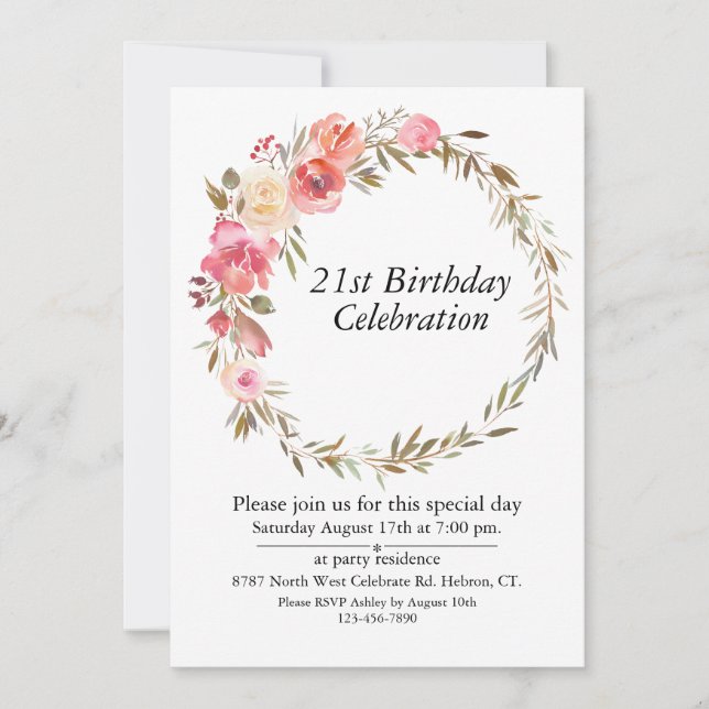 Pink Floral Greenery Boho,Customizable 21 Birthday Invitation (Front)
