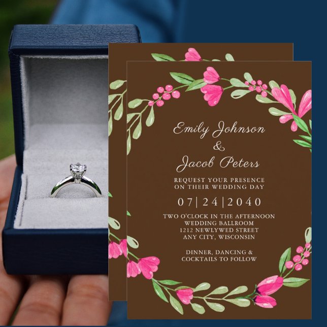 Pink Floral Greenery Brown Elegant Wedding Announcement (Creator Uploaded)