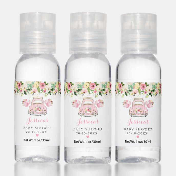 Pink Floral Greenery Car Drive By Baby Shower Hand Sanitizer