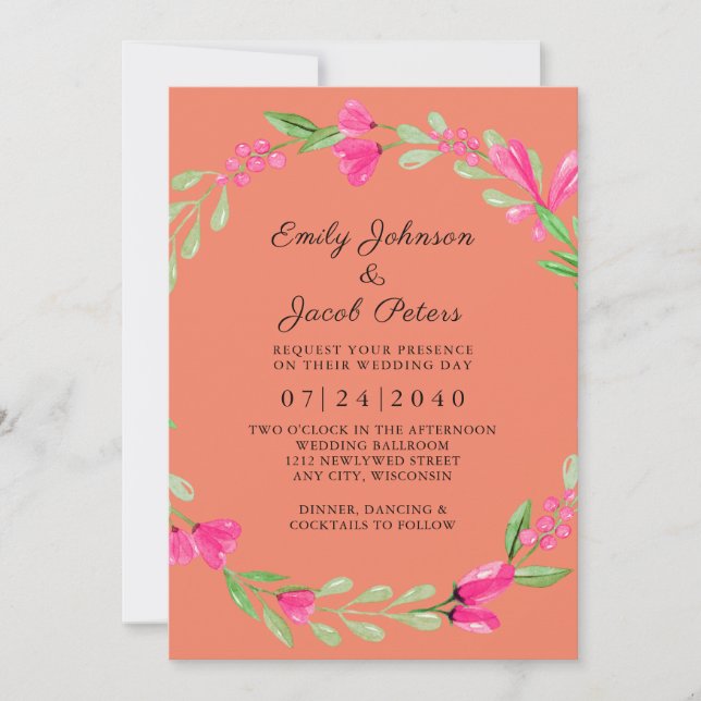 Pink Floral Greenery Coral Orange Elegant Wedding Announcement (Front)