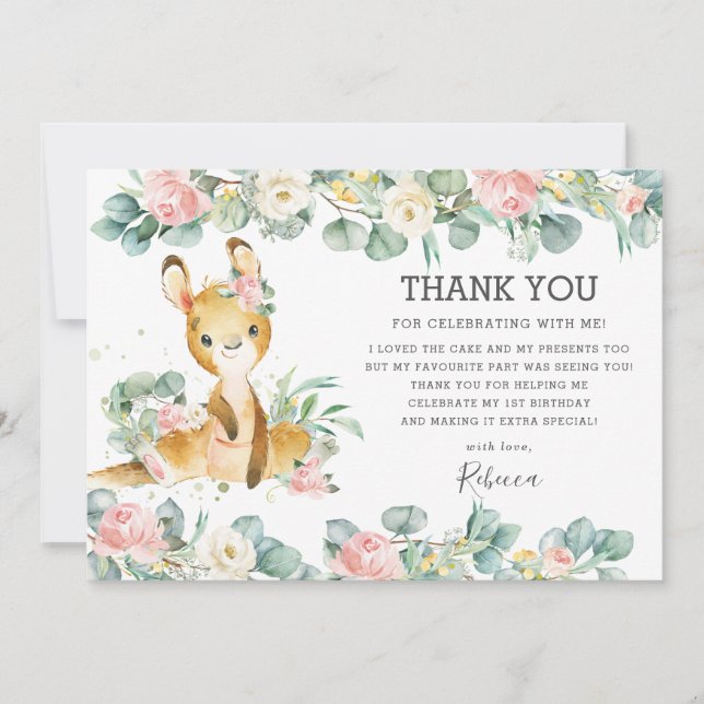 Pink Floral Greenery Cute Kangaroo Birthday Girl  Thank You Card (Front)