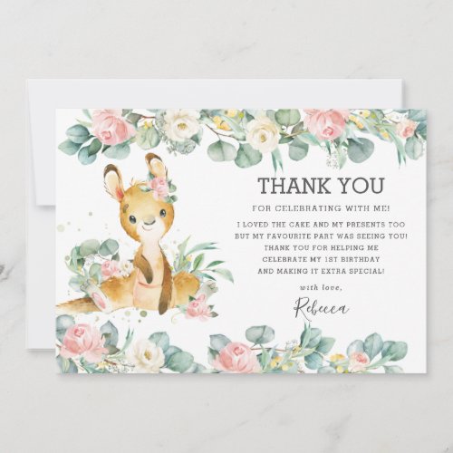 Pink Floral Greenery Cute Kangaroo Birthday Girl  Thank You Card