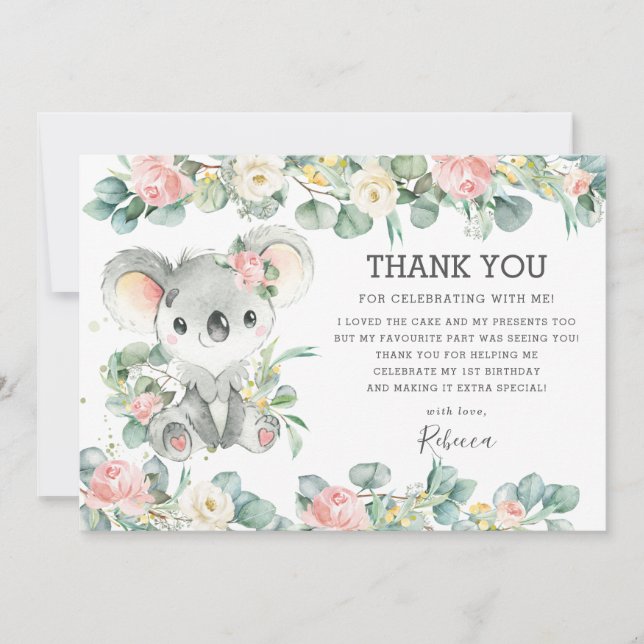 Pink Floral Greenery Cute Koala 1st Birthday Girl Thank You Card (Front)