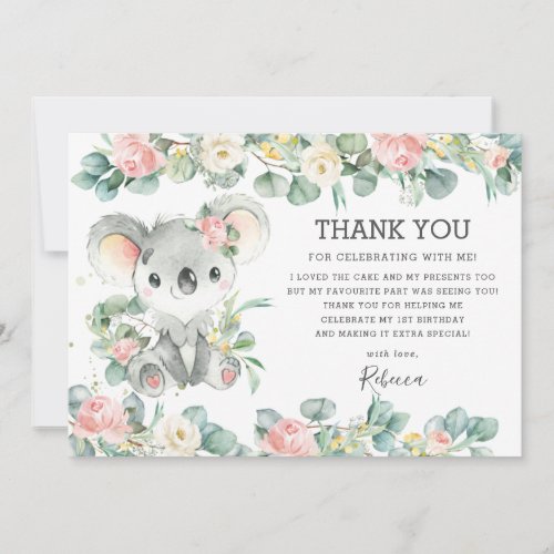 Pink Floral Greenery Cute Koala 1st Birthday Girl Thank You Card