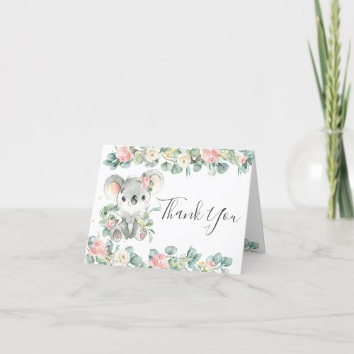 Pink Floral Greenery Cute Koala 1st Birthday Girl  Thank You Card