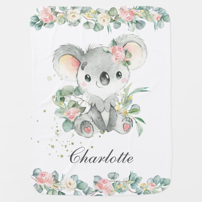 Pink Floral Greenery Cute Koala Aussie Animal Baby Blanket (Front)
