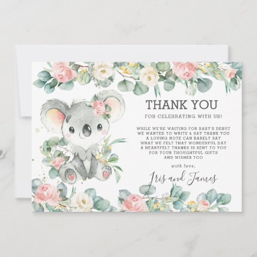 Pink Floral Greenery Cute Koala Baby Shower Girl Thank You Card