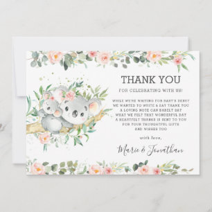 Pink Floral Greenery Cute Koala Baby Shower Girl Thank You Card