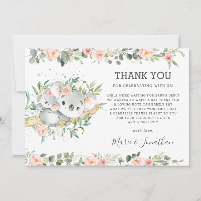 Pink Floral Greenery Cute Koala Baby Shower Girl Thank You Card (Front)