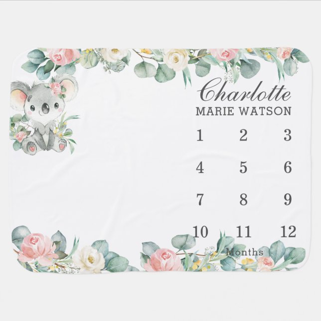 Pink Floral Greenery Cute Koala Monthly Milestone Baby Blanket (Horizontal)