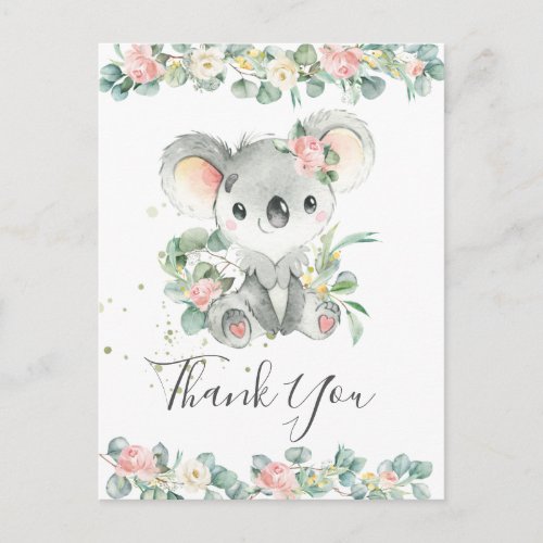 Pink Floral Greenery Cute Koala Thank You  Postcard