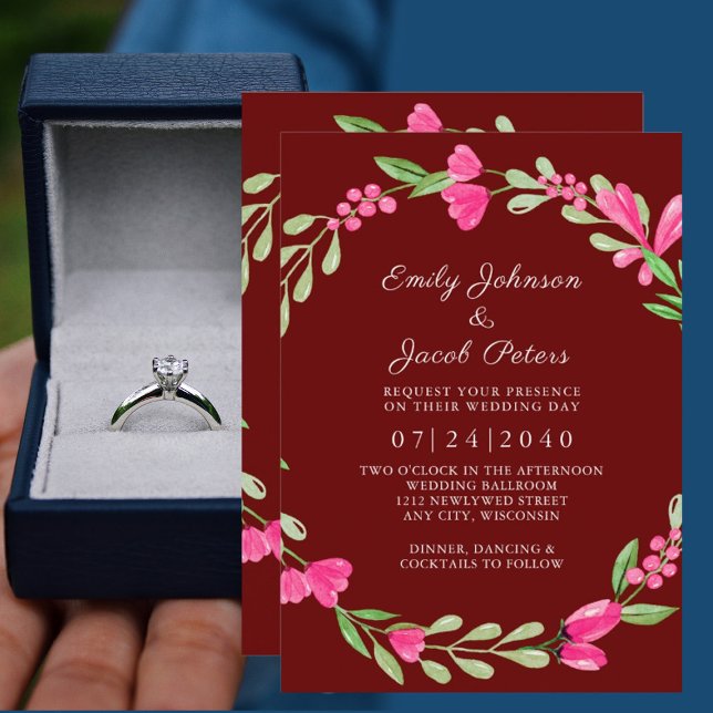 Pink Floral Greenery Dark Red Elegant Wedding Announcement (Creator Uploaded)