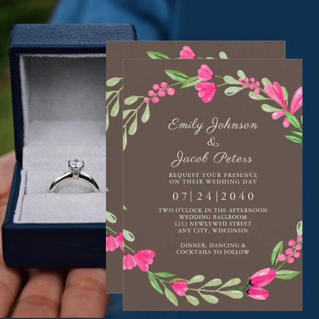 Pink Floral Greenery Dusty Brown Elegant Wedding Announcement (Creator Uploaded)