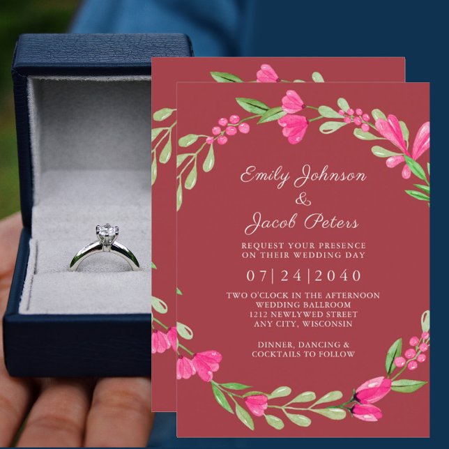 Pink Floral Greenery Dusty Red Elegant Wedding Announcement (Creator Uploaded)