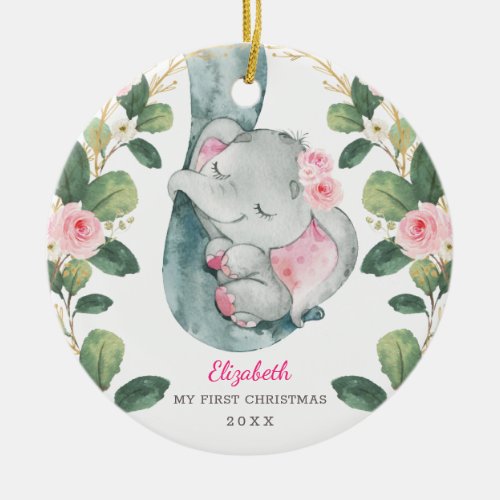 Pink Floral Greenery Elephant Baby 1st Christmas Ceramic Ornament