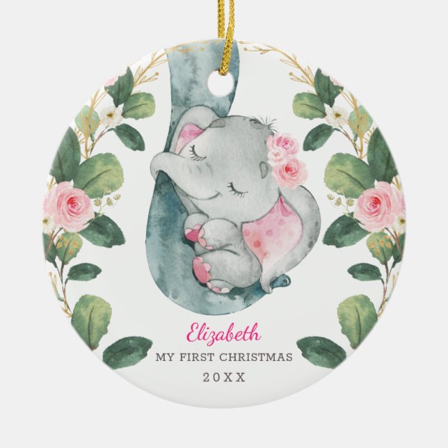 Pink Floral Greenery Elephant Baby 1st Christmas Ceramic Ornament (Front)
