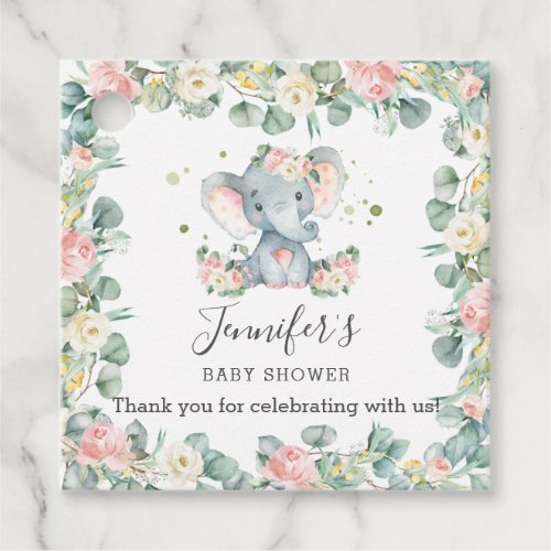 Pink Floral Greenery Elephant Baby Shower Birthday Favor Tags
