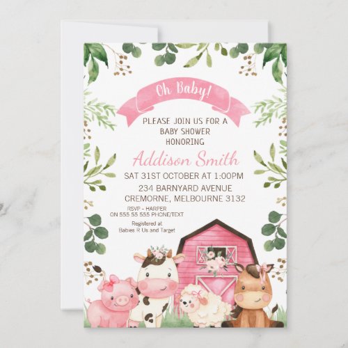 Pink Floral Greenery Farm and Barn Baby Shower Invitation