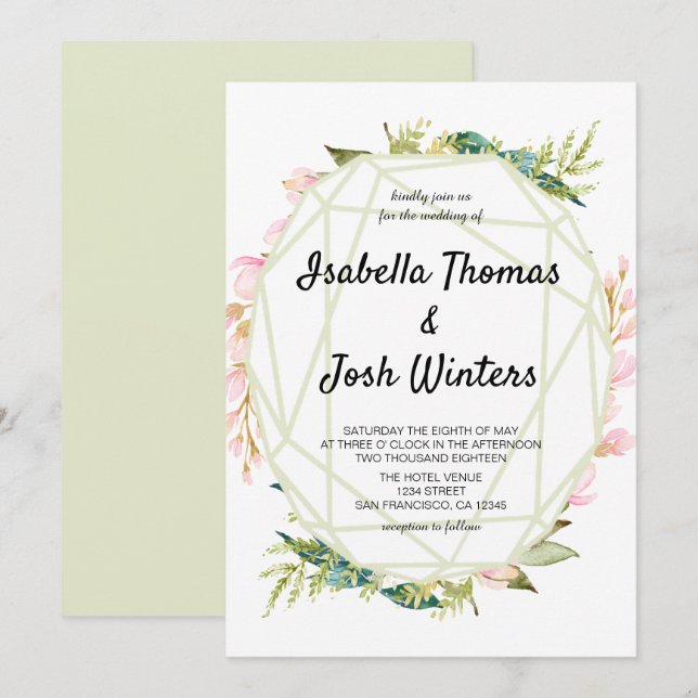 Pink Floral Greenery Foliage Frame Crystal Wedding Invitation (Front/Back)