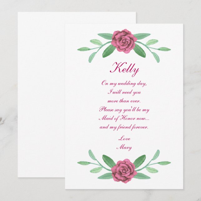 Pink Floral Greenery Foliage Maid Of Honor Card (Front/Back)