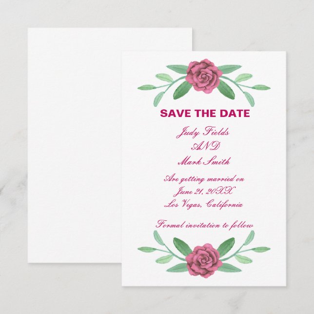 Pink Floral Greenery Foliage Save The Date Card (Front/Back)