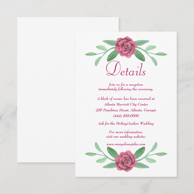 Pink Floral Greenery Foliage Wedding Details Enclosure Card (Front/Back)