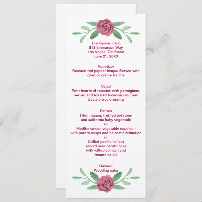 Pink Floral Greenery Foliage Wedding Menu Card (Front/Back)
