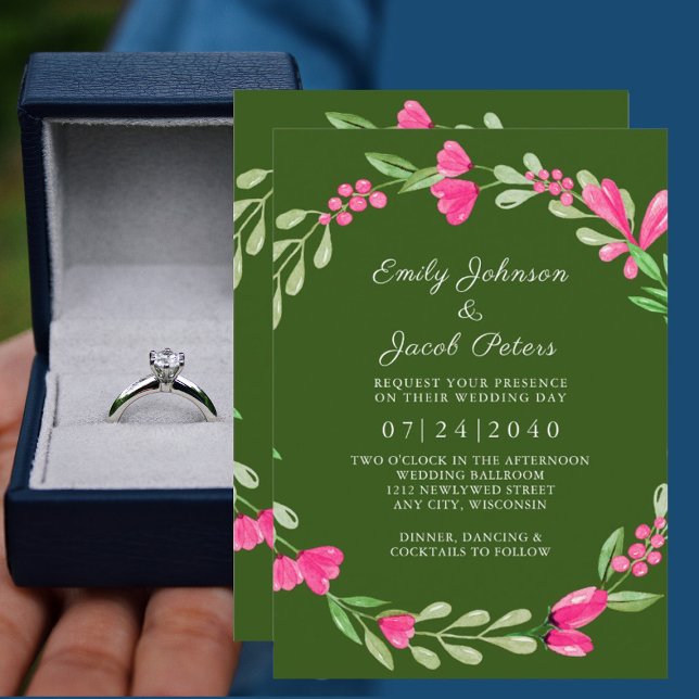 Pink Floral Greenery Forest Green Elegant Wedding Announcement (Creator Uploaded)