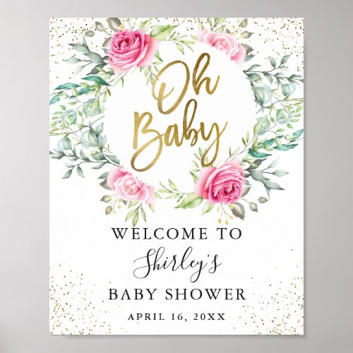 Pink Floral Greenery Glitter Baby Shower Welcome Poster