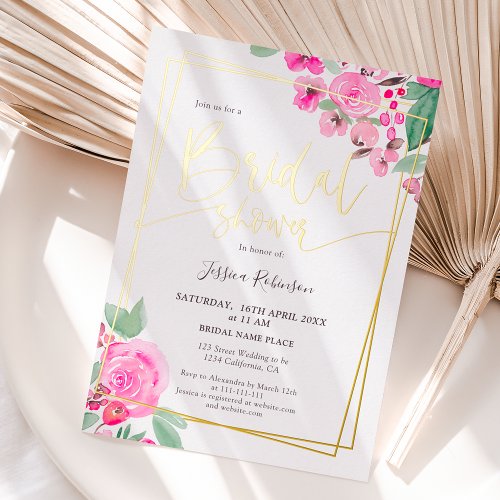 Pink floral greenery gold script bridal shower foil invitation